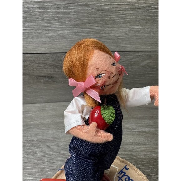 Annalee Doll Society Logo 1992 School Girl Denim Overalls Books Apple Sun Pin - Picture 6 of 12